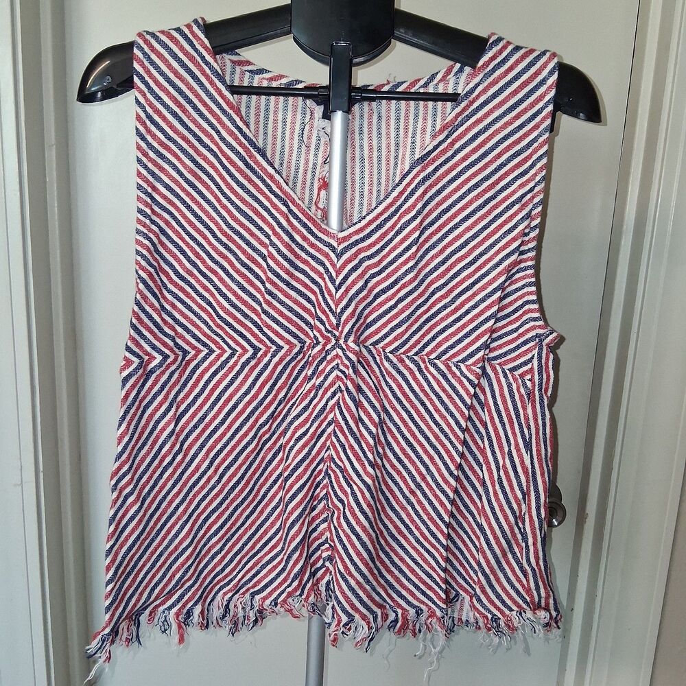 Indigo Rein Sleeveless Split-Back Fringe Top XL Patriotic Festival Eat the Rich - Picture 2 of 10
